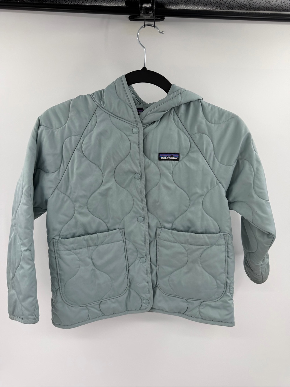 Patagonia Kids' Quilted Hooded Jacket - Light Sage Green/Blue XS 5/6 flawed